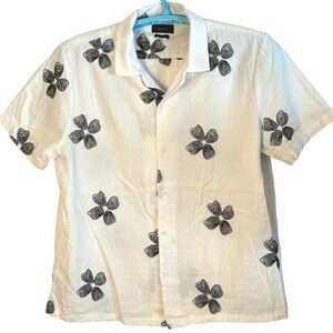 Porter & Ash Men Shirt Linen Black White Floral Embroidered Short Sleeve Boho L